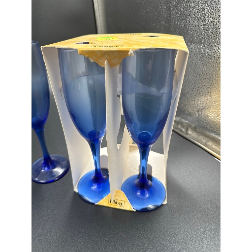 4 Libbey's Cobalt Blue Champagne Glass Flute 6 Oz New In Open Box Stemware 8 3/4